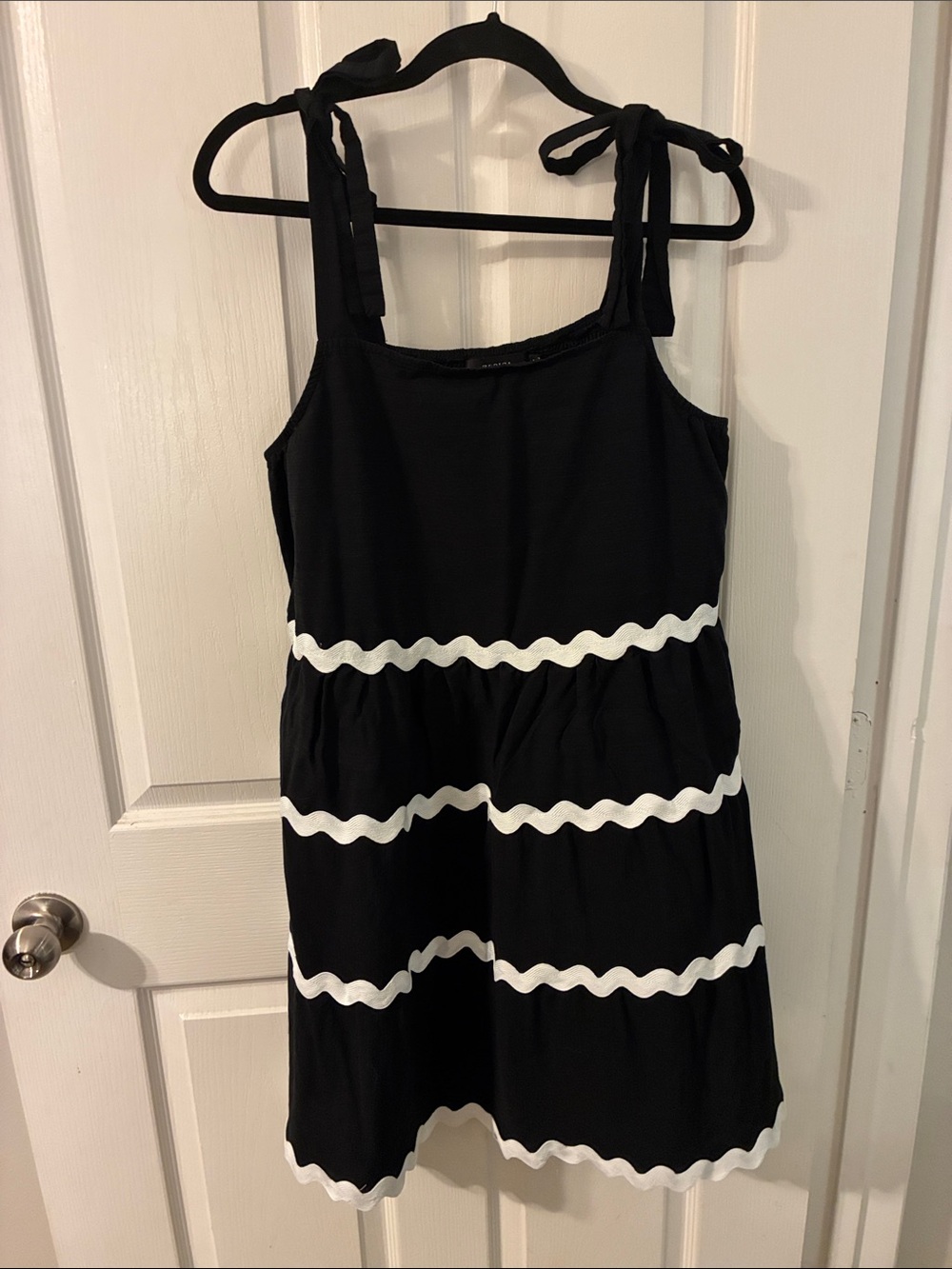 Black Tie-Shoulder Mini Dress with White Wave Trim